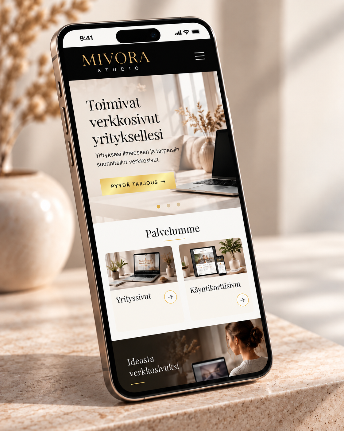 Mivora Studion verkkosivupalvelu mobiilinäkymässä