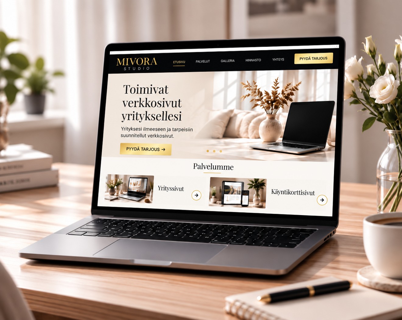 Mivora Studion verkkosivupalvelu tietokoneen näytöllä