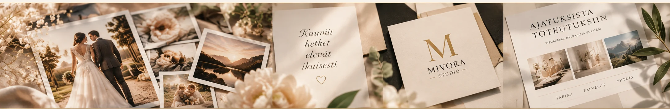 Mivora Studion visuaalinen banneri, jossa valokuvat, muistot ja brändimateriaalit muodostavat yhtenäisen kokonaisuuden